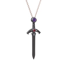 Kılıç Kolye - Ametist ve kök yakut 925 ayar siyah rodyum kaplama gümüş kolye (40 cm gümüş rolo zincir) #5s58cl