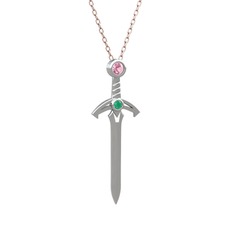 Kılıç Kolye - Pembe kuvars ve kök zümrüt 14 ayar beyaz altın kolye (40 cm rose altın rolo zincir) #5vhems