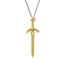 Kılıç Kolye - Pembe kuvars ve peridot 8 ayar altın kolye (40 cm gümüş rolo zincir) #6phstq