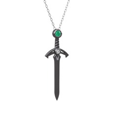 Kılıç Kolye - Kök zümrüt ve swarovski 925 ayar siyah rodyum kaplama gümüş kolye (40 cm beyaz altın rolo zincir) #6uv2tt