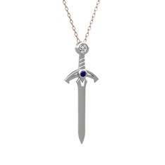 Kılıç Kolye - Beyaz zirkon ve lab safir 14 ayar beyaz altın kolye (40 cm rose altın rolo zincir) #6xwfox