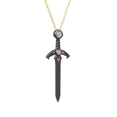 Kılıç Kolye - Swarovski ve pembe kuvars 925 ayar siyah rodyum kaplama gümüş kolye (40 cm altın rolo zincir) #75b9h4
