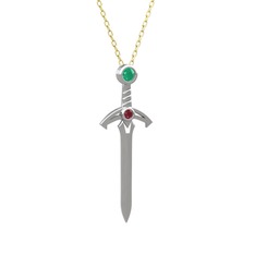 Kılıç Kolye - Kök zümrüt ve kök yakut 14 ayar beyaz altın kolye (40 cm altın rolo zincir) #76e0nb