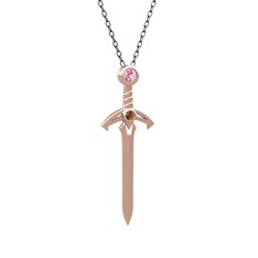 Kılıç Kolye - Pembe kuvars ve dumanlı kuvars 14 ayar rose altın kolye (40 cm gümüş rolo zincir) #77kwpz