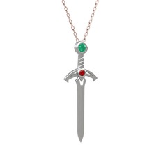 Kılıç Kolye - Kök zümrüt ve garnet 925 ayar gümüş kolye (40 cm rose altın rolo zincir) #7dbwtx