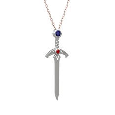 Lab safir ve garnet 18 ayar beyaz altın kolye (40 cm rose altın rolo zincir)