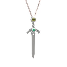 Kılıç Kolye - Peridot ve kök zümrüt 18 ayar beyaz altın kolye (40 cm rose altın rolo zincir) #7xl6fh