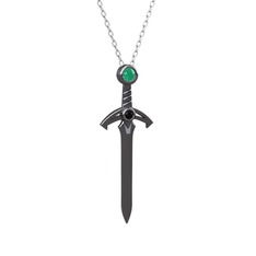 Kılıç Kolye - Kök zümrüt ve siyah zirkon 925 ayar siyah rodyum kaplama gümüş kolye (40 cm beyaz altın rolo zincir) #8attof