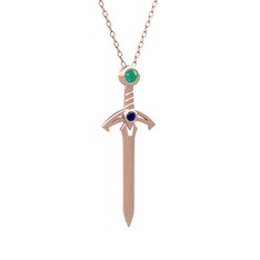 Kılıç Kolye - Kök zümrüt ve lab safir 14 ayar rose altın kolye (40 cm gümüş rolo zincir) #8c7zpr