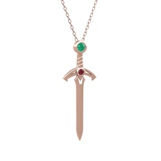 Kılıç Kolye - Kök zümrüt ve kök yakut 8 ayar rose altın kolye (40 cm rose altın rolo zincir) #8lztkd