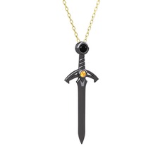 Siyah zirkon ve sitrin 925 ayar siyah rodyum kaplama gümüş kolye (40 cm altın rolo zincir)
