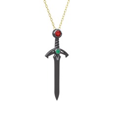 Kılıç Kolye - Garnet ve kök zümrüt 925 ayar siyah rodyum kaplama gümüş kolye (40 cm altın rolo zincir) #93ly7k
