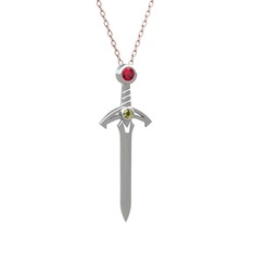 Kılıç Kolye - Rodolit garnet ve peridot 14 ayar beyaz altın kolye (40 cm rose altın rolo zincir) #944rvq