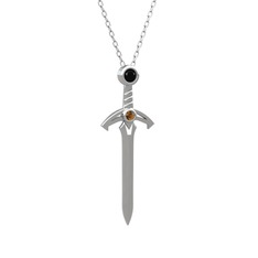 Siyah zirkon ve dumanlı kuvars 14 ayar beyaz altın kolye (40 cm beyaz altın rolo zincir)