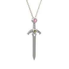 Kılıç Kolye - Pembe kuvars ve peridot 14 ayar beyaz altın kolye (40 cm rose altın rolo zincir) #9xgf2x
