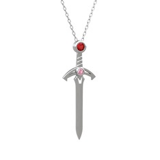 Garnet ve pembe kuvars 14 ayar beyaz altın kolye (40 cm gümüş rolo zincir)