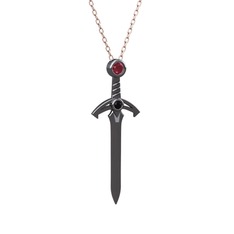 Kılıç Kolye - Kök yakut ve siyah zirkon 925 ayar siyah rodyum kaplama gümüş kolye (40 cm rose altın rolo zincir) #beayav