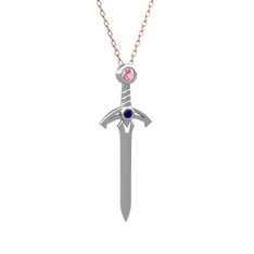 Kılıç Kolye - Pembe kuvars ve lab safir 14 ayar beyaz altın kolye (40 cm rose altın rolo zincir) #c5f0bz