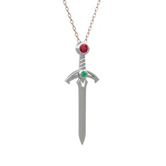 Kılıç Kolye - Rodolit garnet ve kök zümrüt 14 ayar beyaz altın kolye (40 cm rose altın rolo zincir) #c7j3au