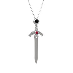 Siyah zirkon ve rodolit garnet 18 ayar beyaz altın kolye (40 cm gümüş rolo zincir)