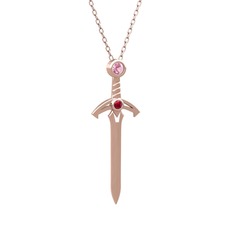 Kılıç Kolye - Pembe kuvars ve rodolit garnet 8 ayar rose altın kolye (40 cm rose altın rolo zincir) #dkrm49