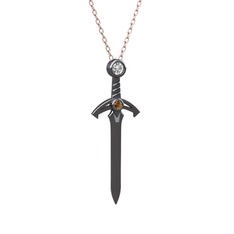 Kılıç Kolye - Pırlanta ve dumanlı kuvars 925 ayar siyah rodyum kaplama gümüş kolye (0.08 karat, 40 cm rose altın rolo zincir) #dnrdzg