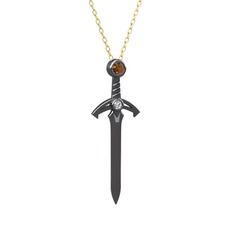 Kılıç Kolye - Dumanlı kuvars ve swarovski 925 ayar siyah rodyum kaplama gümüş kolye (40 cm altın rolo zincir) #ecwtpu