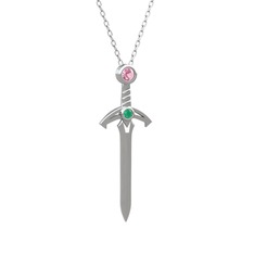 Kılıç Kolye - Pembe kuvars ve kök zümrüt 8 ayar beyaz altın kolye (40 cm beyaz altın rolo zincir) #exu7i5