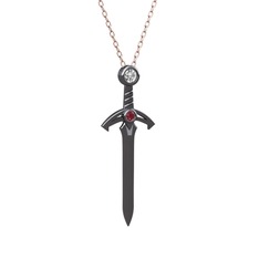 Kılıç Kolye - Swarovski ve kök yakut 925 ayar siyah rodyum kaplama gümüş kolye (40 cm rose altın rolo zincir) #f6ys39