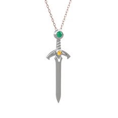 Kılıç Kolye - Kök zümrüt ve sitrin 14 ayar beyaz altın kolye (40 cm rose altın rolo zincir) #fa1p02