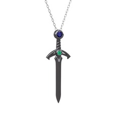 Kılıç Kolye - Lab safir ve kök zümrüt 925 ayar siyah rodyum kaplama gümüş kolye (40 cm gümüş rolo zincir) #fmsh56