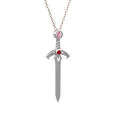 Pembe kuvars ve garnet 925 ayar gümüş kolye (40 cm rose altın rolo zincir)