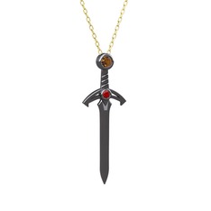 Kılıç Kolye - Dumanlı kuvars ve garnet 925 ayar siyah rodyum kaplama gümüş kolye (40 cm altın rolo zincir) #gg85mp