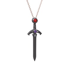Garnet ve ametist 925 ayar siyah rodyum kaplama gümüş kolye (40 cm rose altın rolo zincir)