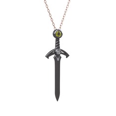 Kılıç Kolye - Peridot ve pırlanta 925 ayar siyah rodyum kaplama gümüş kolye (0.036 karat, 40 cm rose altın rolo zincir) #hpd6ix