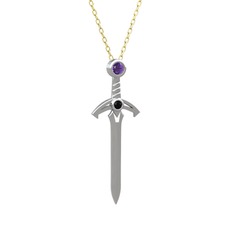 Ametist ve siyah zirkon 14 ayar beyaz altın kolye (40 cm altın rolo zincir)