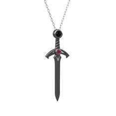 Kılıç Kolye - Siyah zirkon ve kök yakut 925 ayar siyah rodyum kaplama gümüş kolye (40 cm gümüş rolo zincir) #iirwg4