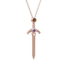 Kılıç Kolye - Dumanlı kuvars ve ametist 925 ayar rose altın kaplama gümüş kolye (40 cm gümüş rolo zincir) #jg724m