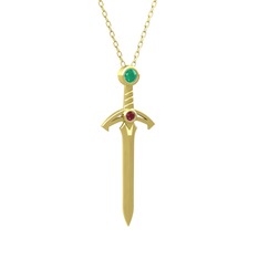 Kılıç Kolye - Kök zümrüt ve kök yakut 8 ayar altın kolye (40 cm gümüş rolo zincir) #jx590o