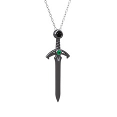 Kılıç Kolye - Siyah zirkon ve yeşil kuvars 925 ayar siyah rodyum kaplama gümüş kolye (40 cm beyaz altın rolo zincir) #kikkyi