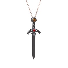 Kılıç Kolye - Dumanlı kuvars ve garnet 925 ayar siyah rodyum kaplama gümüş kolye (40 cm rose altın rolo zincir) #kr3lyp
