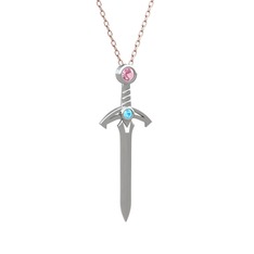 Pembe kuvars ve akuamarin 14 ayar beyaz altın kolye (40 cm rose altın rolo zincir)