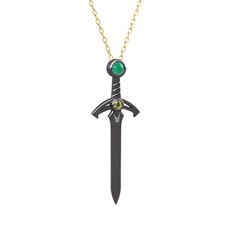 Kılıç Kolye - Kök zümrüt ve peridot 925 ayar siyah rodyum kaplama gümüş kolye (40 cm gümüş rolo zincir) #m8b6ca