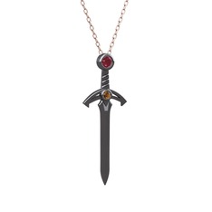 Kılıç Kolye - Kök yakut ve dumanlı kuvars 925 ayar siyah rodyum kaplama gümüş kolye (40 cm rose altın rolo zincir) #m8ck3l