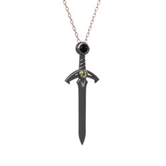 Kılıç Kolye - Siyah zirkon ve peridot 925 ayar siyah rodyum kaplama gümüş kolye (40 cm rose altın rolo zincir) #nh936s