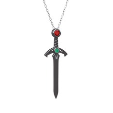 Kılıç Kolye - Garnet ve kök zümrüt 925 ayar siyah rodyum kaplama gümüş kolye (40 cm beyaz altın rolo zincir) #ocyh9i