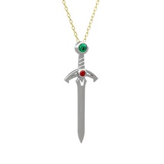 Kılıç Kolye - Yeşil kuvars ve garnet 8 ayar beyaz altın kolye (40 cm altın rolo zincir) #of69rp