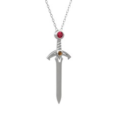 Kılıç Kolye - Rodolit garnet ve dumanlı kuvars 18 ayar beyaz altın kolye (40 cm beyaz altın rolo zincir) #p1xisx