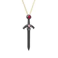 Kılıç Kolye - Rodolit garnet ve pembe kuvars 925 ayar siyah rodyum kaplama gümüş kolye (40 cm altın rolo zincir) #p3c0fq