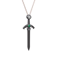 Kılıç Kolye - Pırlanta ve yeşil kuvars 925 ayar siyah rodyum kaplama gümüş kolye (0.08 karat, 40 cm rose altın rolo zincir) #p8q76g